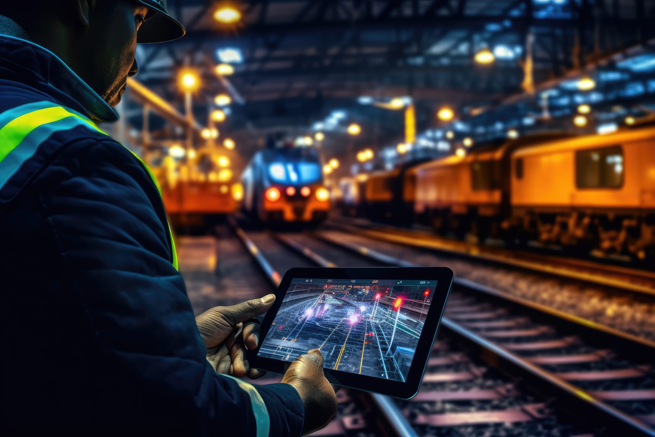 engineer looks at ipad as train comes down the tracks